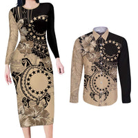 Cook Islands Turtle Couples Matching Long Sleeve Bodycon Dress and Long Sleeve Button Shirt Stars and Hibiscus - Beige LT01 Beige - Polynesian Pride