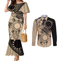 Cook Islands Turtle Couples Matching Mermaid Dress and Long Sleeve Button Shirt Stars and Hibiscus - Beige LT01 Beige - Polynesian Pride