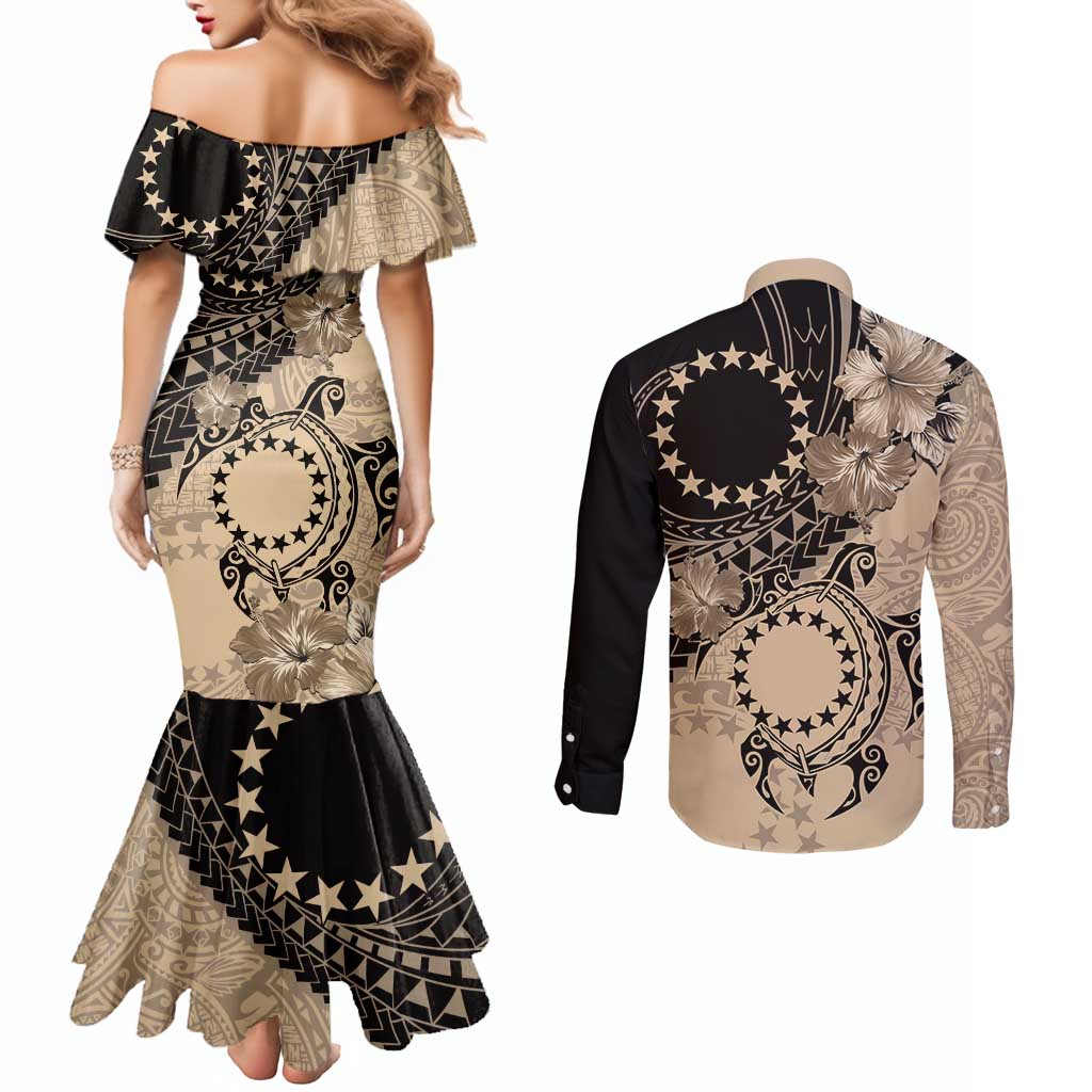 Cook Islands Turtle Couples Matching Mermaid Dress and Long Sleeve Button Shirt Stars and Hibiscus - Beige LT01 - Polynesian Pride