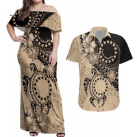 Cook Islands Turtle Couples Matching Off Shoulder Maxi Dress and Hawaiian Shirt Stars and Hibiscus - Beige LT01 Beige - Polynesian Pride