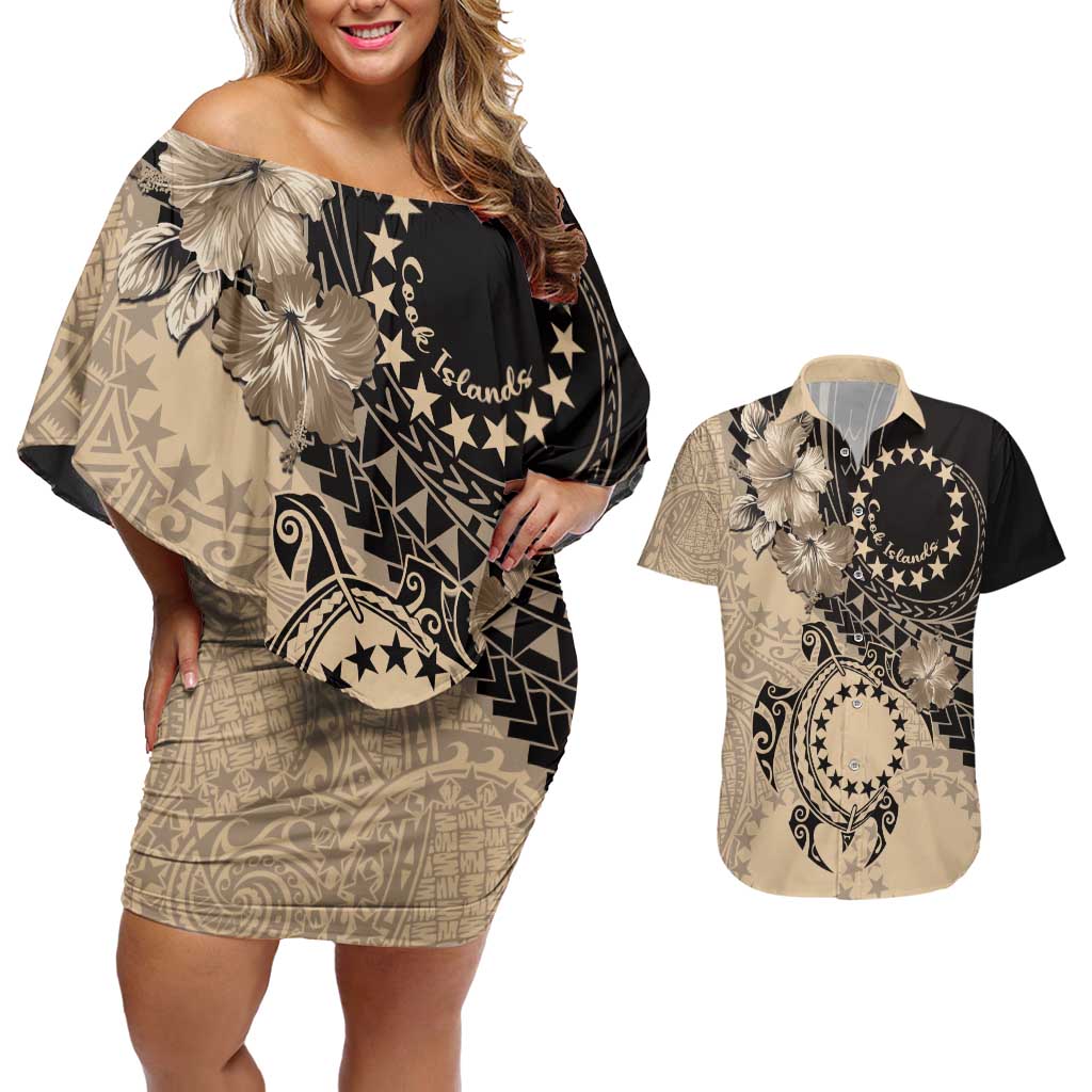 Cook Islands Turtle Couples Matching Off Shoulder Short Dress and Hawaiian Shirt Stars and Hibiscus - Beige LT01 Beige - Polynesian Pride