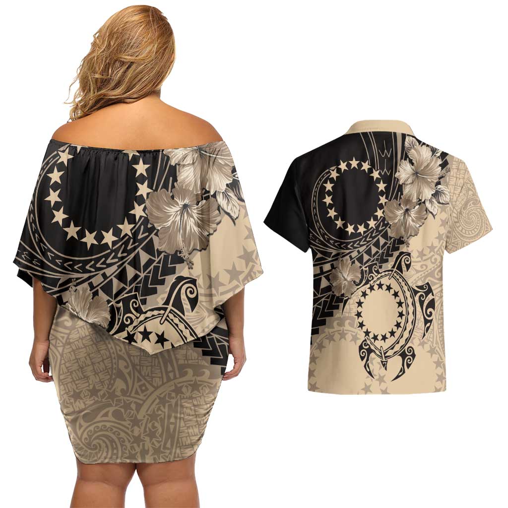 Cook Islands Turtle Couples Matching Off Shoulder Short Dress and Hawaiian Shirt Stars and Hibiscus - Beige LT01 - Polynesian Pride