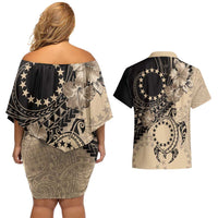 Cook Islands Turtle Couples Matching Off Shoulder Short Dress and Hawaiian Shirt Stars and Hibiscus - Beige LT01 - Polynesian Pride