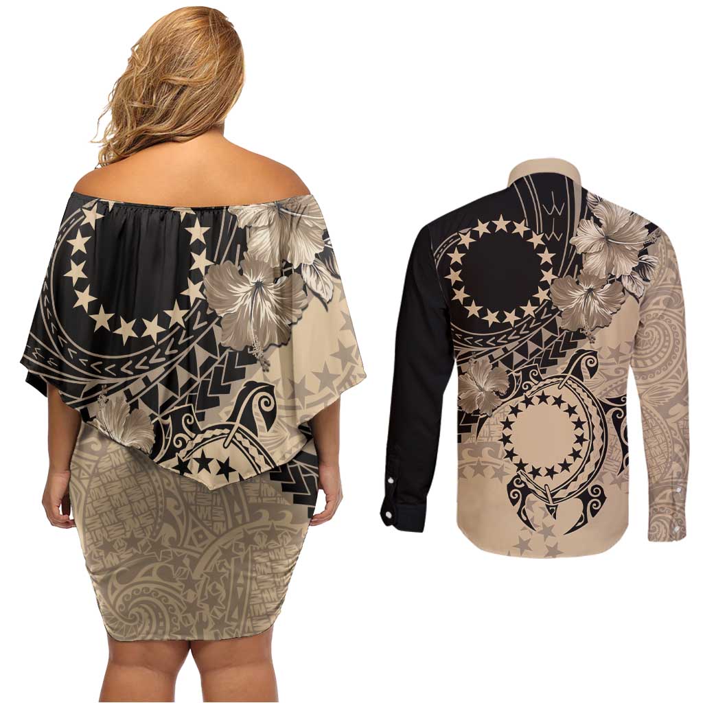 Cook Islands Turtle Couples Matching Off Shoulder Short Dress and Long Sleeve Button Shirt Stars and Hibiscus - Beige