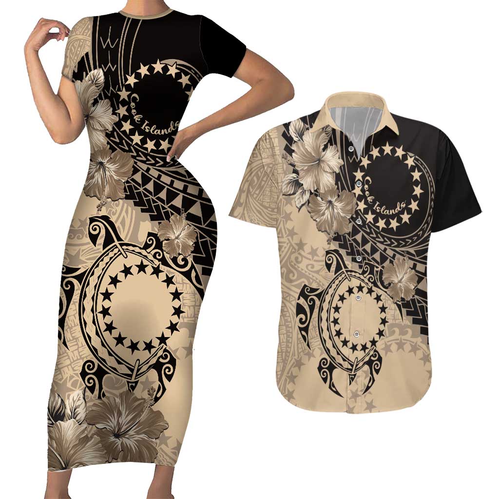 Cook Islands Turtle Couples Matching Short Sleeve Bodycon Dress and Hawaiian Shirt Stars and Hibiscus - Beige LT01 Beige - Polynesian Pride