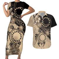 Cook Islands Turtle Couples Matching Short Sleeve Bodycon Dress and Hawaiian Shirt Stars and Hibiscus - Beige LT01 Beige - Polynesian Pride