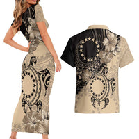 Cook Islands Turtle Couples Matching Short Sleeve Bodycon Dress and Hawaiian Shirt Stars and Hibiscus - Beige LT01 - Polynesian Pride