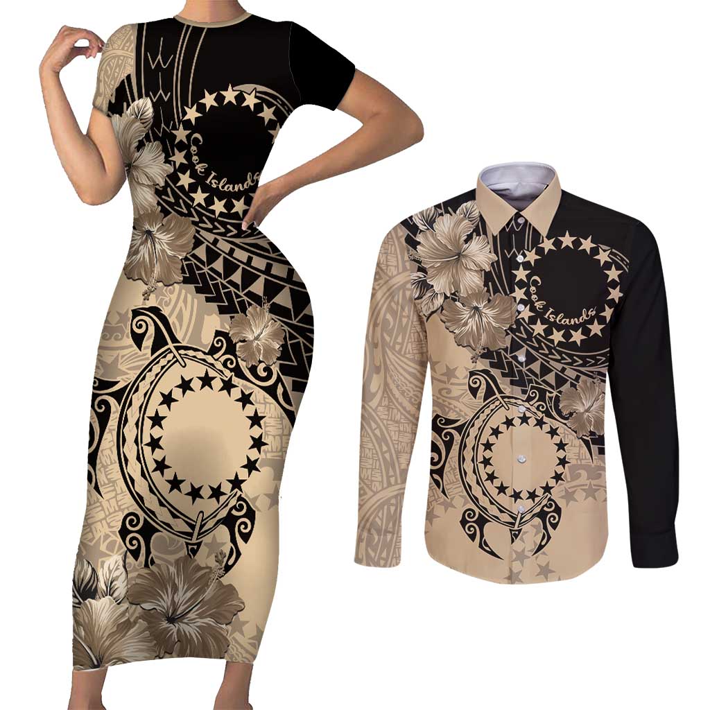 Cook Islands Turtle Couples Matching Short Sleeve Bodycon Dress and Long Sleeve Button Shirt Stars and Hibiscus - Beige LT01 Beige - Polynesian Pride