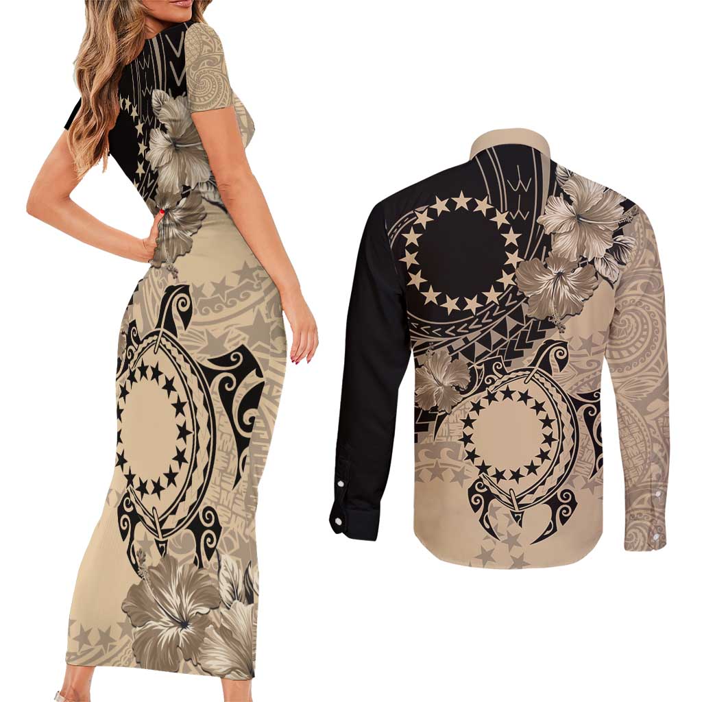 Cook Islands Turtle Couples Matching Short Sleeve Bodycon Dress and Long Sleeve Button Shirt Stars and Hibiscus - Beige LT01 - Polynesian Pride
