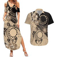 Cook Islands Turtle Couples Matching Summer Maxi Dress and Hawaiian Shirt Stars and Hibiscus - Beige LT01 Beige - Polynesian Pride