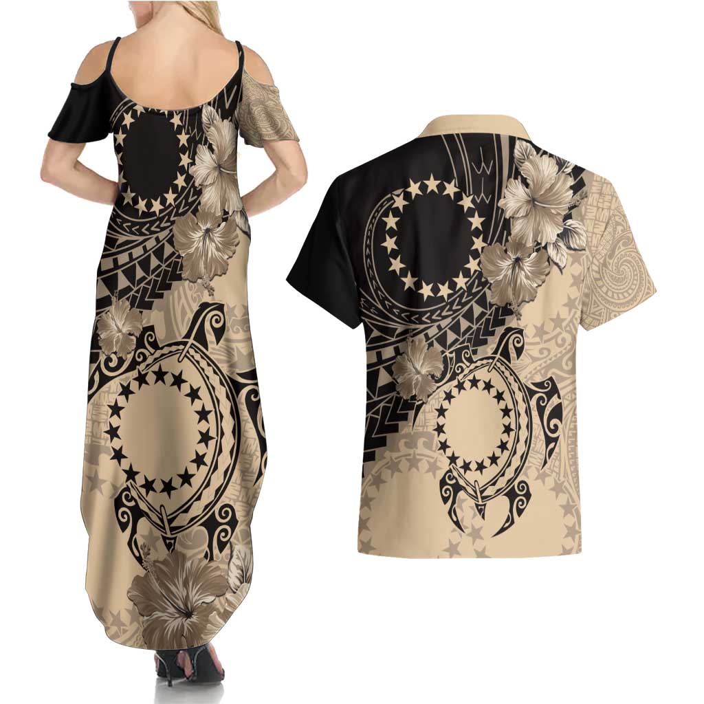 Cook Islands Turtle Couples Matching Summer Maxi Dress and Hawaiian Shirt Stars and Hibiscus - Beige LT01 - Polynesian Pride