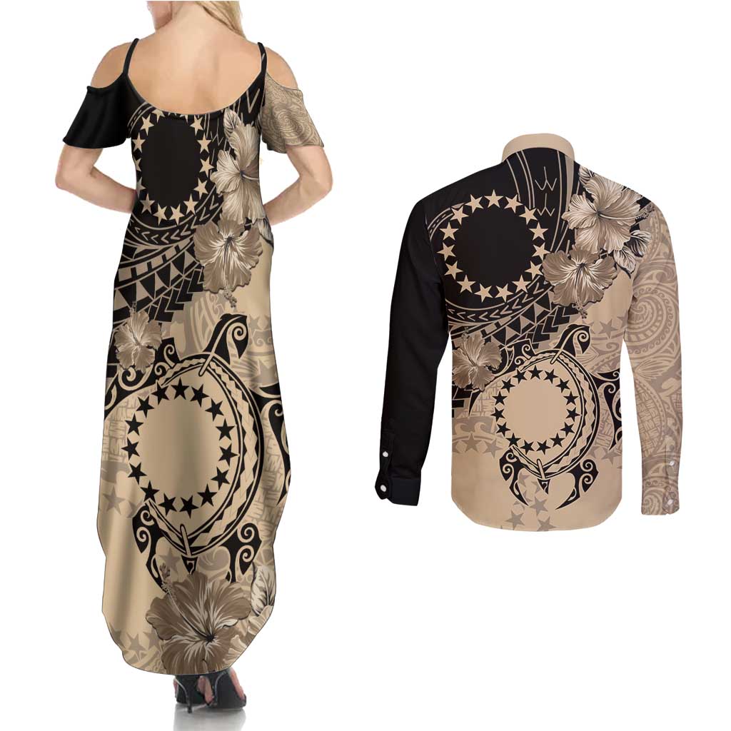 Cook Islands Turtle Couples Matching Summer Maxi Dress and Long Sleeve Button Shirt Stars and Hibiscus - Beige