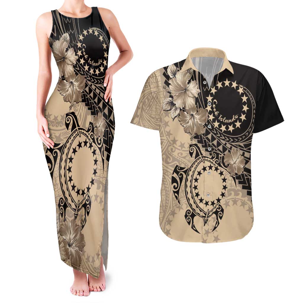 Cook Islands Turtle Couples Matching Tank Maxi Dress and Hawaiian Shirt Stars and Hibiscus - Beige LT01 Beige - Polynesian Pride