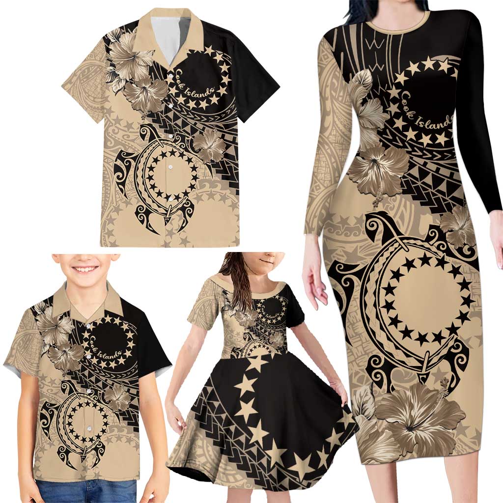 Cook Islands Turtle Family Matching Long Sleeve Bodycon Dress and Hawaiian Shirt Stars and Hibiscus - Beige LT01 - Polynesian Pride