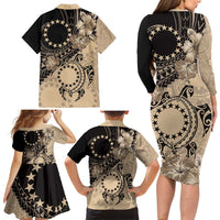 Cook Islands Turtle Family Matching Long Sleeve Bodycon Dress and Hawaiian Shirt Stars and Hibiscus - Beige LT01 - Polynesian Pride