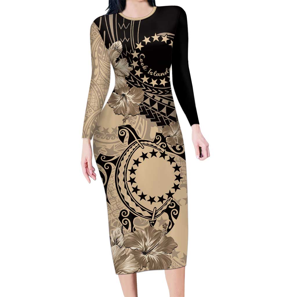 Cook Islands Turtle Family Matching Long Sleeve Bodycon Dress and Hawaiian Shirt Stars and Hibiscus - Beige LT01 Mom's Dress Beige - Polynesian Pride