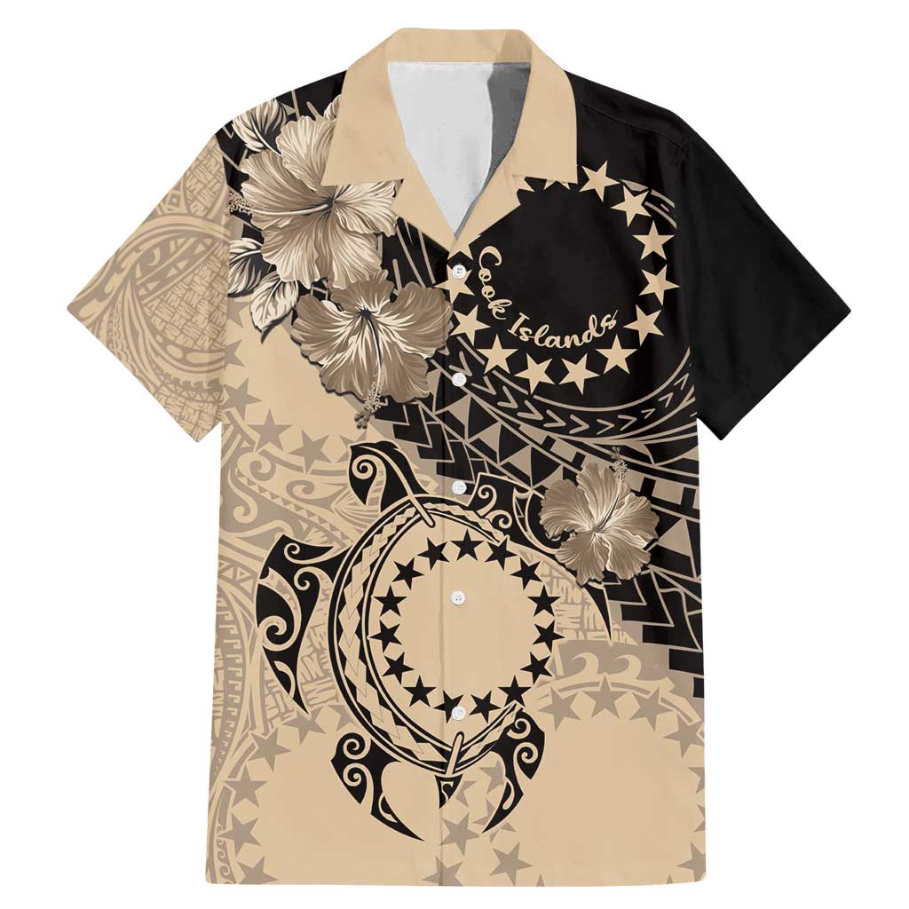 Cook Islands Turtle Family Matching Mermaid Dress and Hawaiian Shirt Stars and Hibiscus - Beige LT01 Dad's Shirt - Short Sleeve Beige - Polynesian Pride