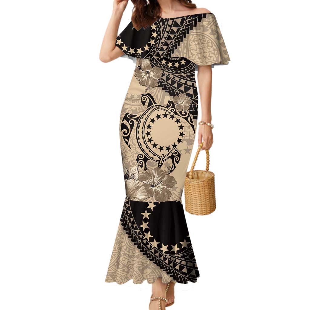 Cook Islands Turtle Family Matching Mermaid Dress and Hawaiian Shirt Stars and Hibiscus - Beige LT01 Mom's Dress Beige - Polynesian Pride