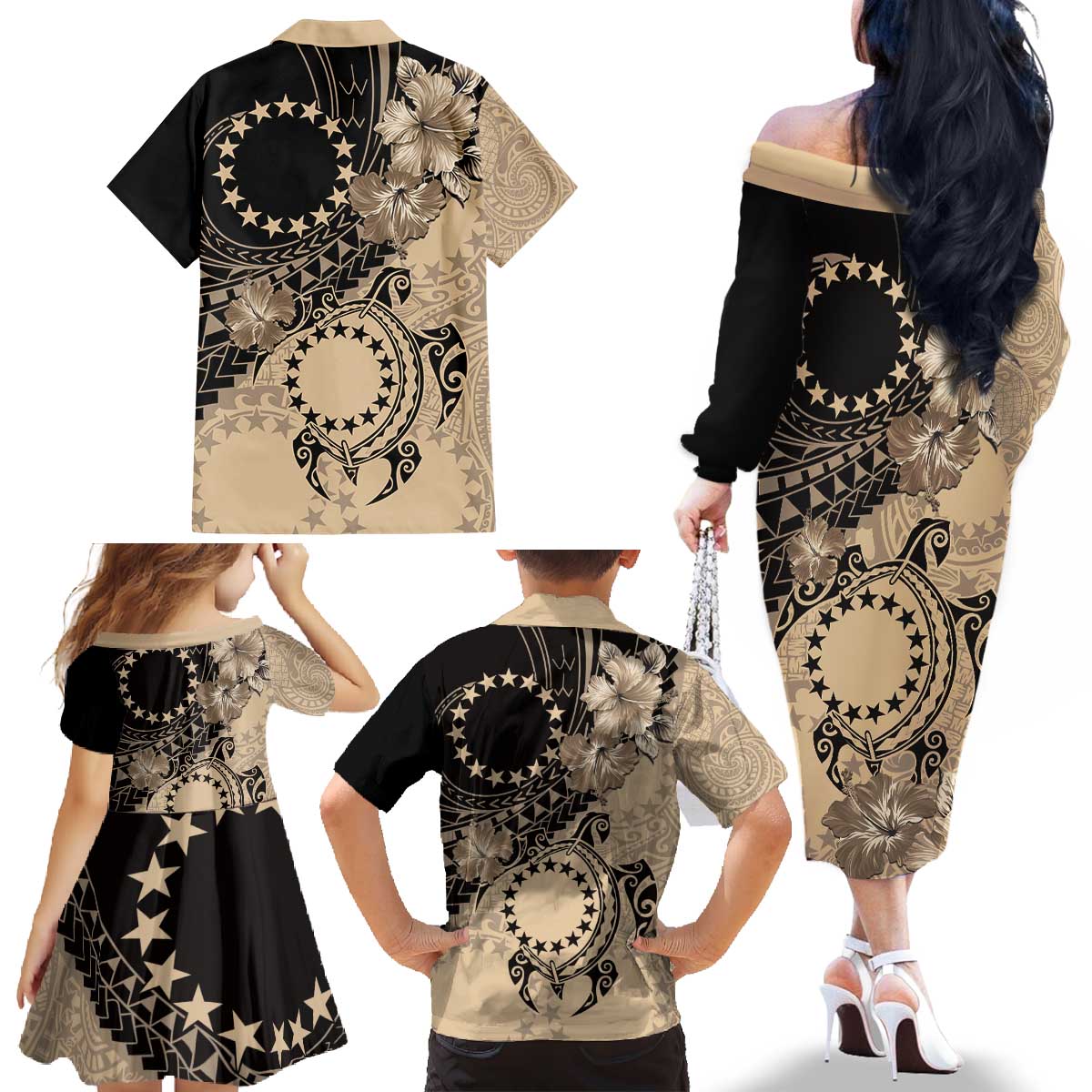 Cook Islands Turtle Family Matching Off The Shoulder Long Sleeve Dress and Hawaiian Shirt Stars and Hibiscus - Beige LT01 - Polynesian Pride