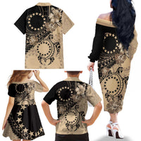 Cook Islands Turtle Family Matching Off The Shoulder Long Sleeve Dress and Hawaiian Shirt Stars and Hibiscus - Beige LT01 - Polynesian Pride