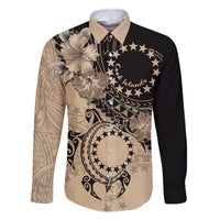 Cook Islands Turtle Family Matching Off The Shoulder Long Sleeve Dress and Hawaiian Shirt Stars and Hibiscus - Beige LT01 Dad's Shirt - Long Sleeve Beige - Polynesian Pride