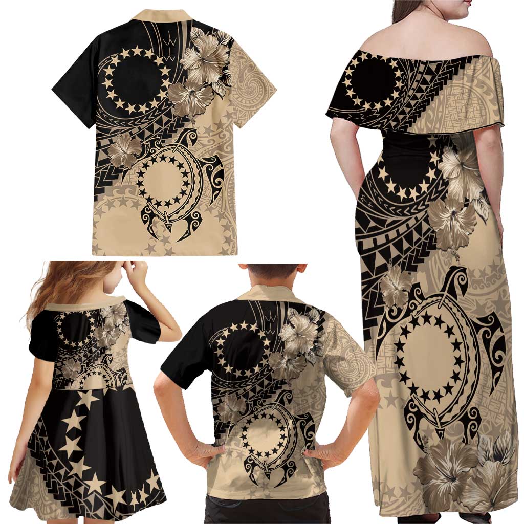 Cook Islands Turtle Family Matching Off Shoulder Maxi Dress and Hawaiian Shirt Stars and Hibiscus - Beige LT01 - Polynesian Pride