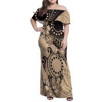 Cook Islands Turtle Family Matching Off Shoulder Maxi Dress and Hawaiian Shirt Stars and Hibiscus - Beige LT01 Mom's Dress Beige - Polynesian Pride