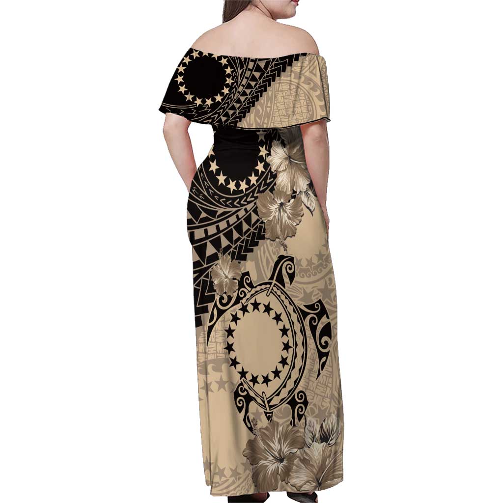 Cook Islands Turtle Family Matching Off Shoulder Maxi Dress and Hawaiian Shirt Stars and Hibiscus - Beige LT01 - Polynesian Pride