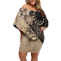 Cook Islands Turtle Family Matching Off Shoulder Short Dress and Hawaiian Shirt Stars and Hibiscus - Beige LT01 Mom's Dress Beige - Polynesian Pride