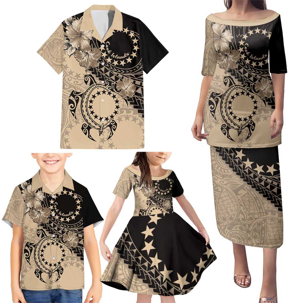 Cook Islands Turtle Family Matching Puletasi and Hawaiian Shirt Stars and Hibiscus - Beige LT01 - Polynesian Pride