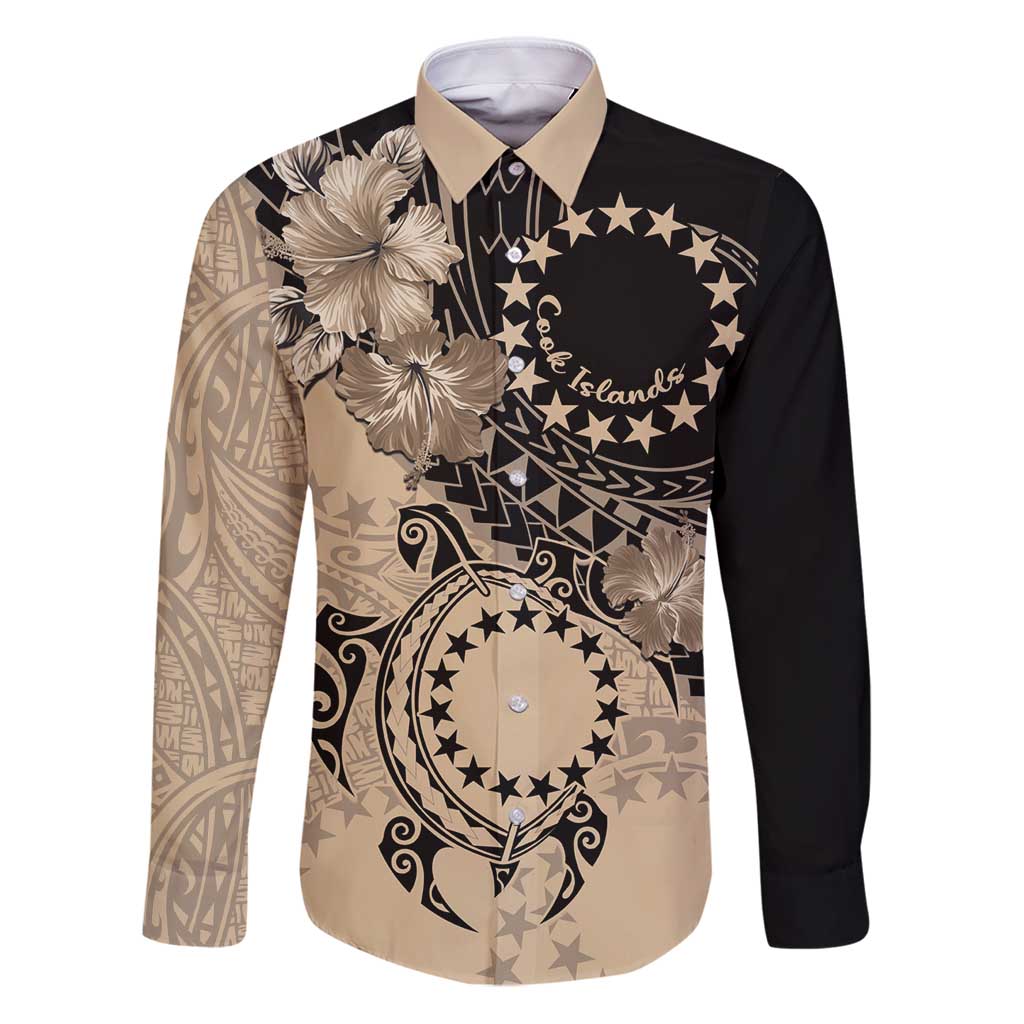 Cook Islands Turtle Family Matching Puletasi and Hawaiian Shirt Stars and Hibiscus - Beige LT01 Dad's Shirt - Long Sleeve Beige - Polynesian Pride