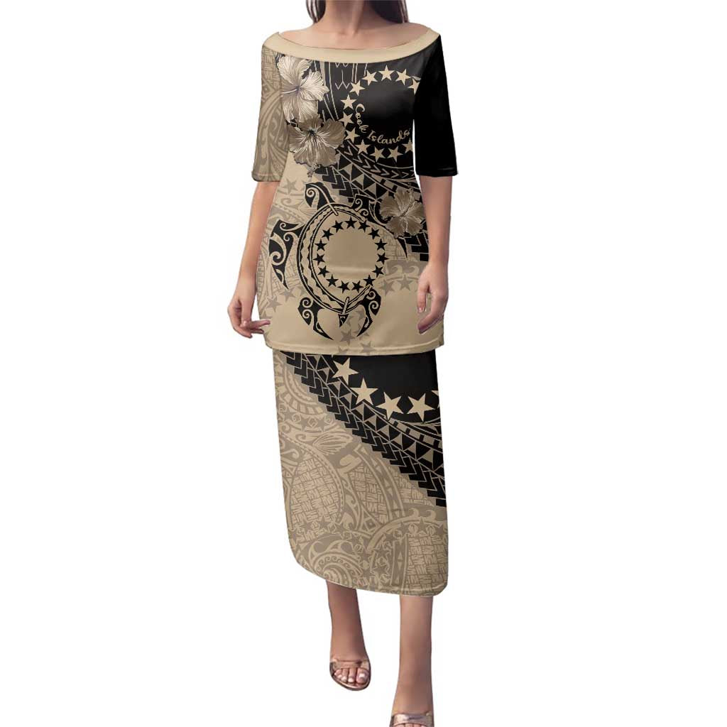 Cook Islands Turtle Family Matching Puletasi and Hawaiian Shirt Stars and Hibiscus - Beige LT01 Mom's Dress Beige - Polynesian Pride