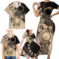 Cook Islands Turtle Family Matching Short Sleeve Bodycon Dress and Hawaiian Shirt Stars and Hibiscus - Beige LT01 - Polynesian Pride