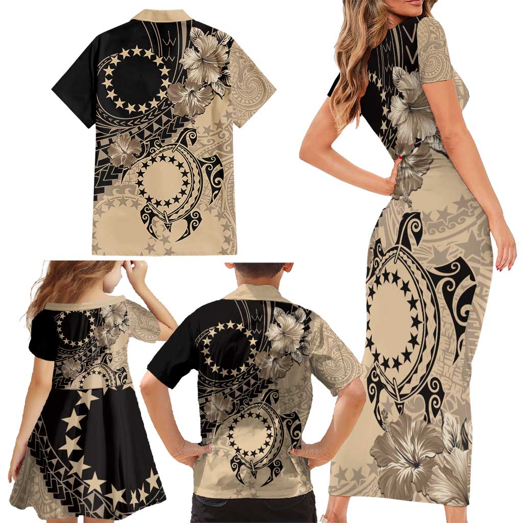 Cook Islands Turtle Family Matching Short Sleeve Bodycon Dress and Hawaiian Shirt Stars and Hibiscus - Beige LT01 - Polynesian Pride