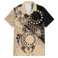 Cook Islands Turtle Family Matching Short Sleeve Bodycon Dress and Hawaiian Shirt Stars and Hibiscus - Beige LT01 Dad's Shirt - Short Sleeve Beige - Polynesian Pride