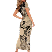 Cook Islands Turtle Family Matching Short Sleeve Bodycon Dress and Hawaiian Shirt Stars and Hibiscus - Beige LT01 - Polynesian Pride