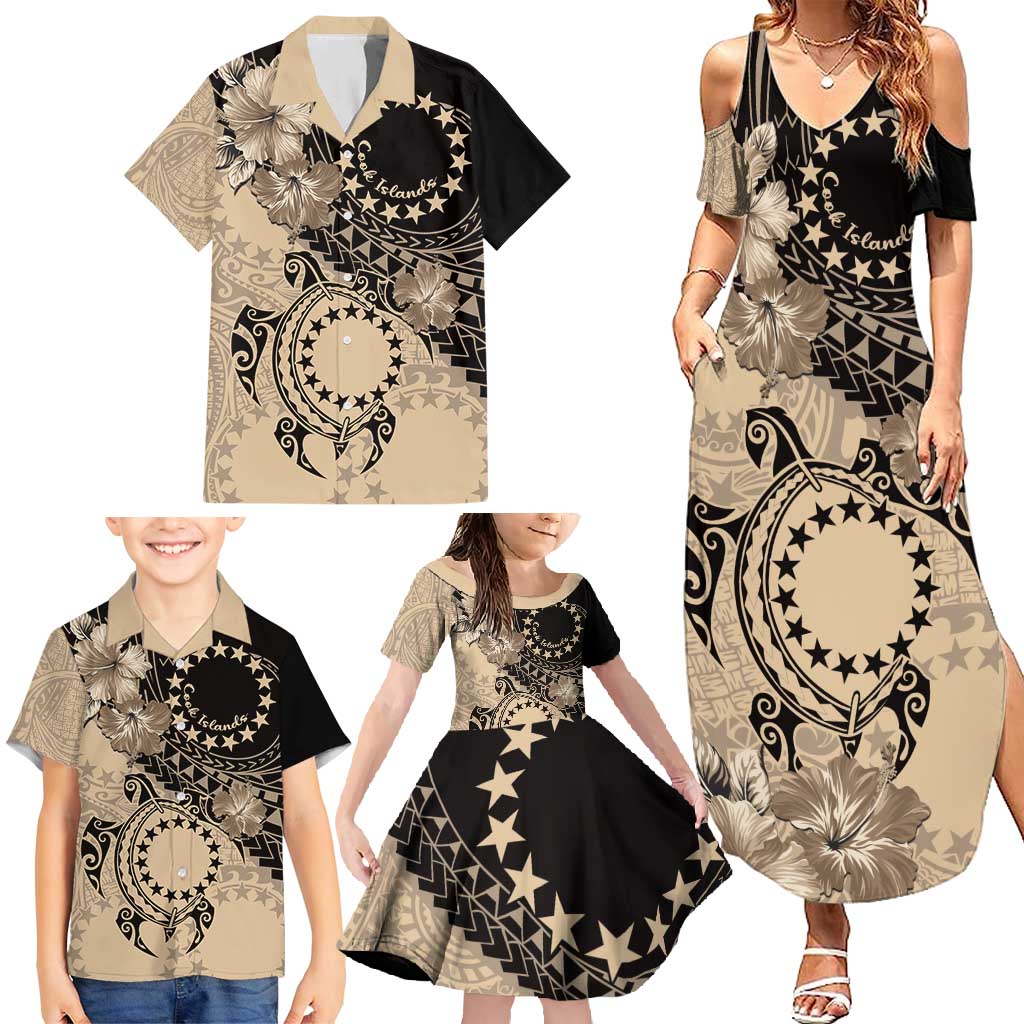 Cook Islands Turtle Family Matching Summer Maxi Dress and Hawaiian Shirt Stars and Hibiscus - Beige LT01 - Polynesian Pride