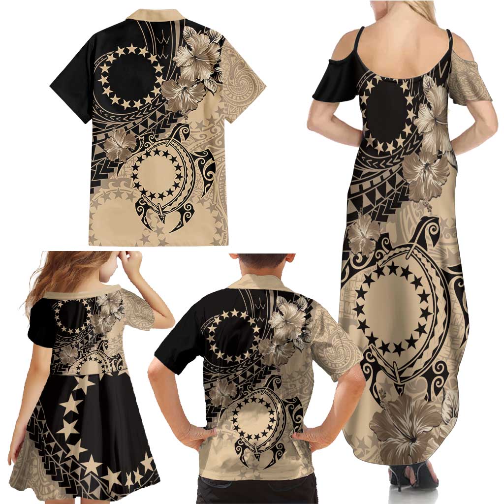 Cook Islands Turtle Family Matching Summer Maxi Dress and Hawaiian Shirt Stars and Hibiscus - Beige LT01 - Polynesian Pride