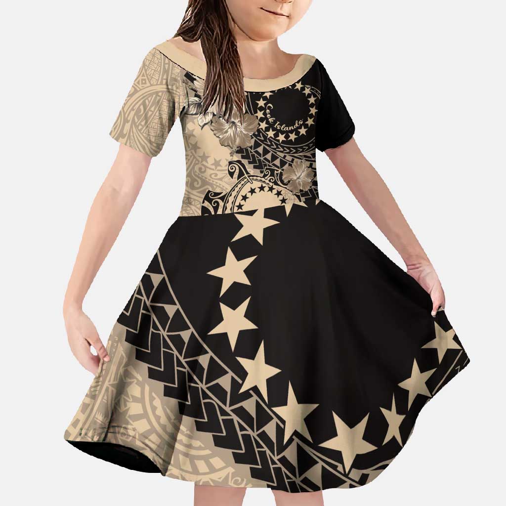Cook Islands Turtle Family Matching Tank Maxi Dress and Hawaiian Shirt Stars and Hibiscus - Beige LT01 Daughter's Dress Beige - Polynesian Pride