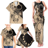 Cook Islands Turtle Family Matching Tank Maxi Dress and Hawaiian Shirt Stars and Hibiscus - Beige LT01 - Polynesian Pride