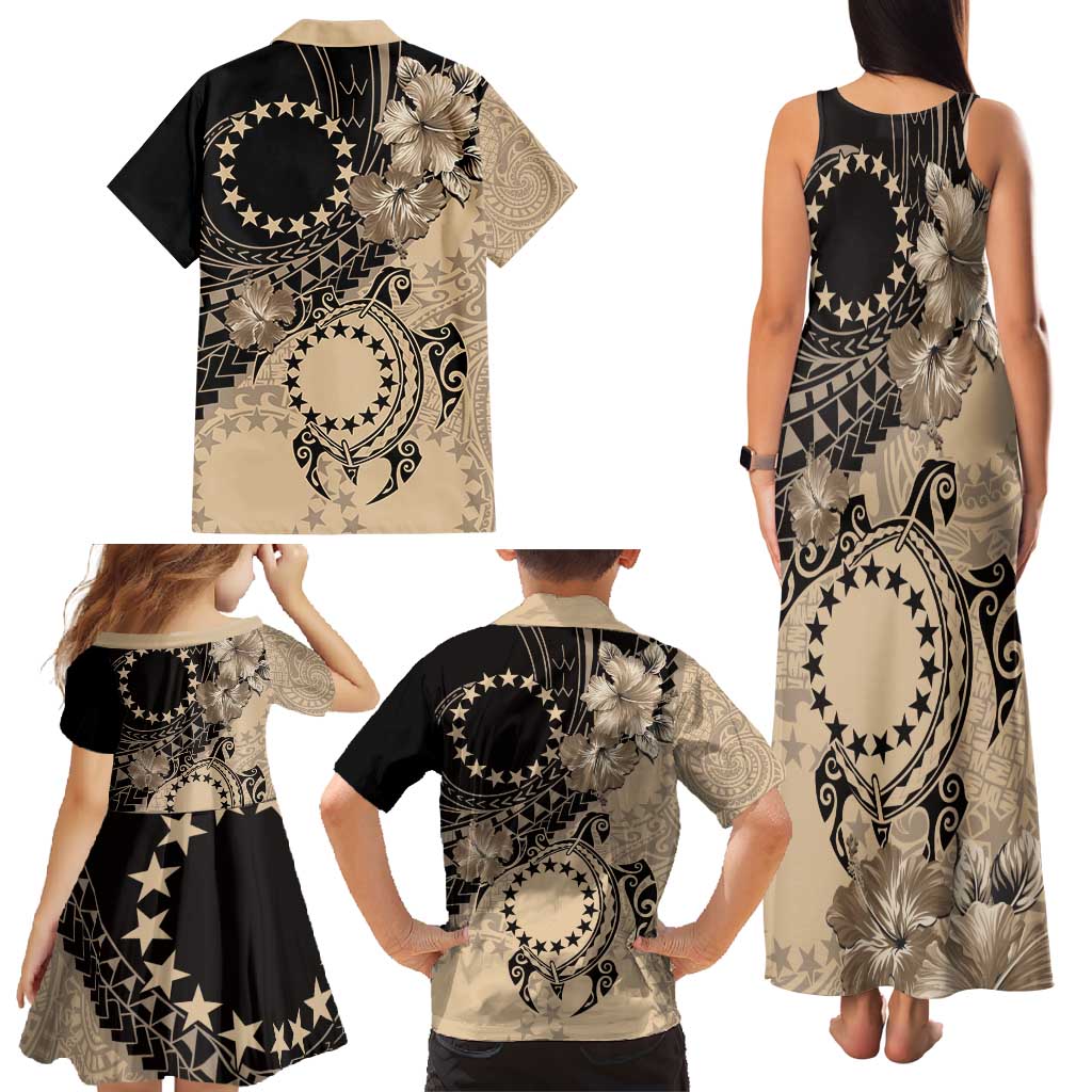 Cook Islands Turtle Family Matching Tank Maxi Dress and Hawaiian Shirt Stars and Hibiscus - Beige LT01 - Polynesian Pride