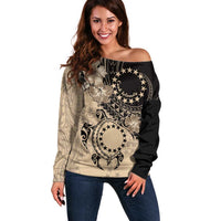Cook Islands Turtle Off Shoulder Sweater Stars and Hibiscus - Beige LT01 Women Beige - Polynesian Pride