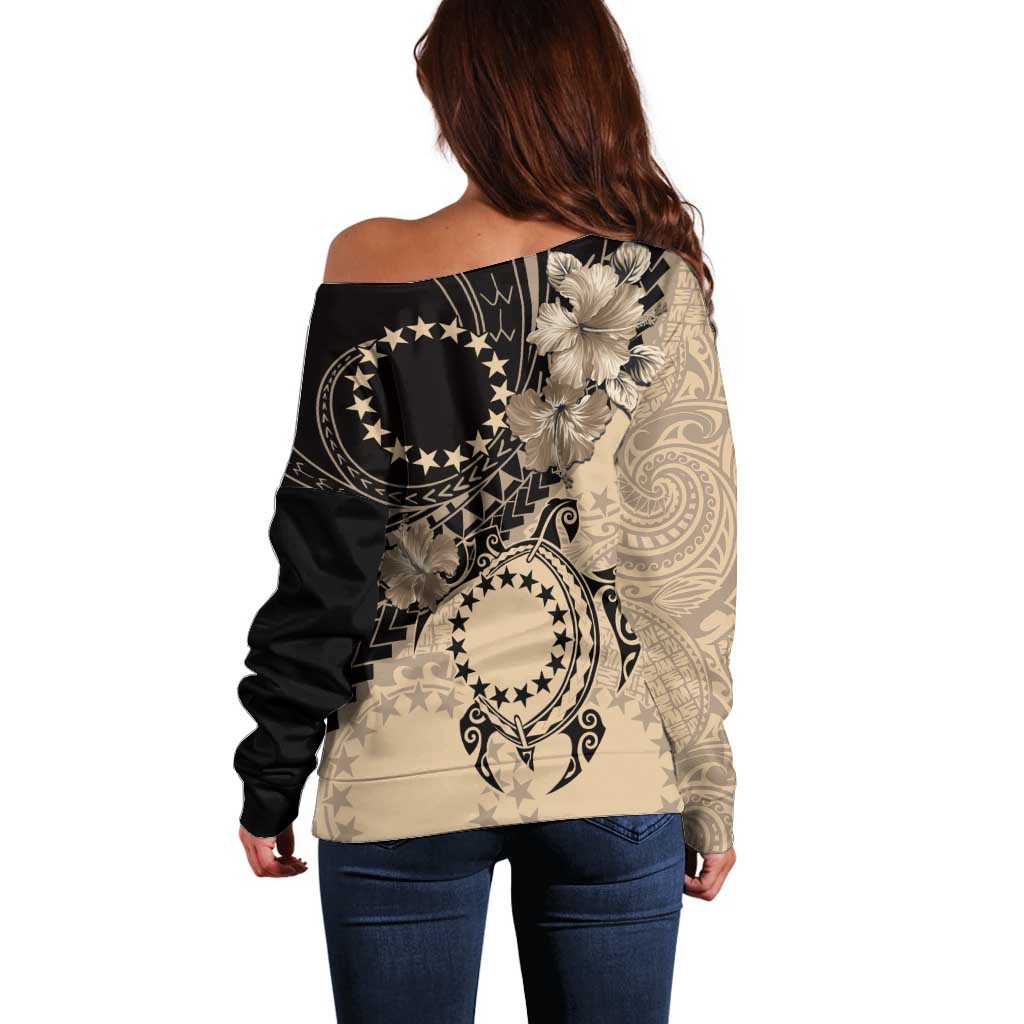 Cook Islands Turtle Off Shoulder Sweater Stars and Hibiscus - Beige LT01 - Polynesian Pride