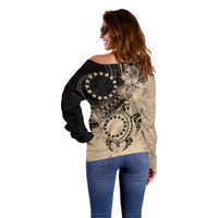 Cook Islands Turtle Off Shoulder Sweater Stars and Hibiscus - Beige LT01 - Polynesian Pride