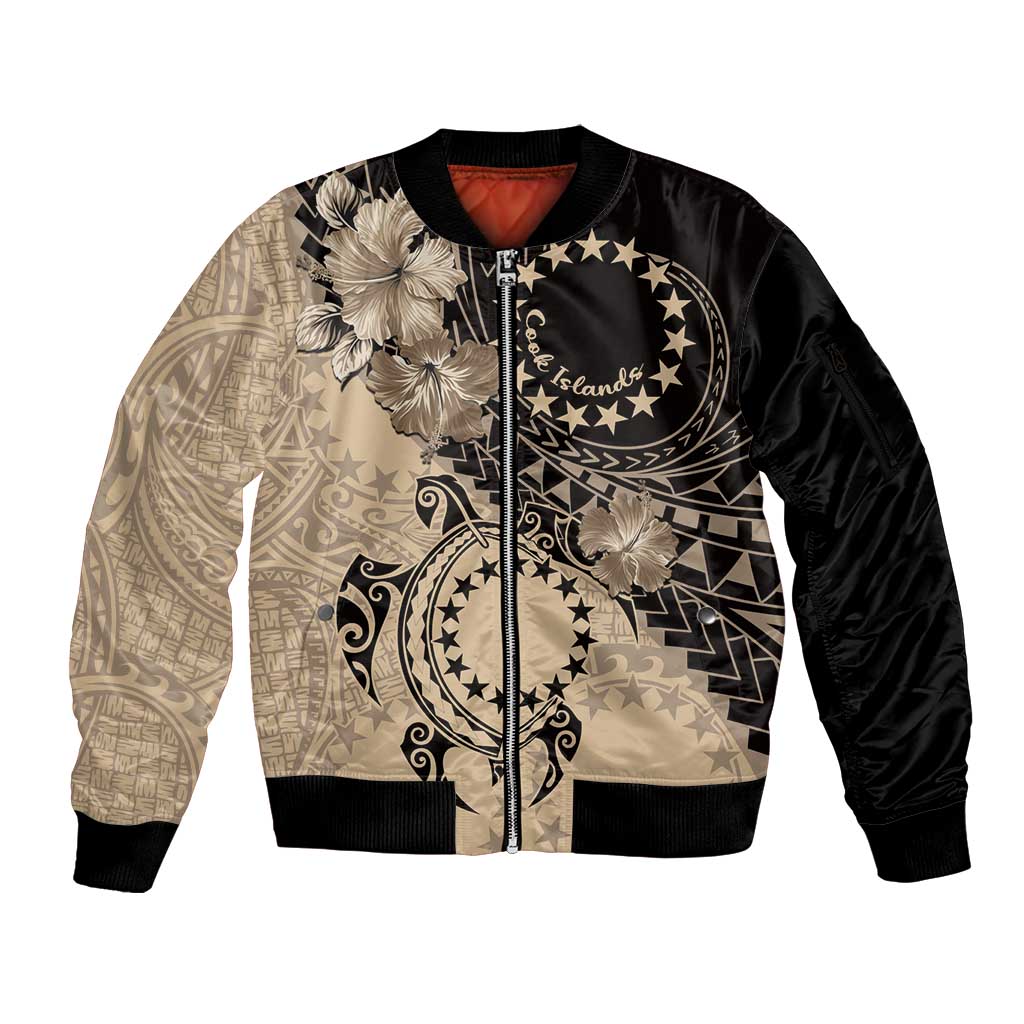 Cook Islands Turtle Sleeve Zip Bomber Jacket Stars and Hibiscus - Beige LT01 Unisex Beige - Polynesian Pride