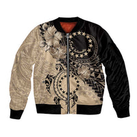 Cook Islands Turtle Sleeve Zip Bomber Jacket Stars and Hibiscus - Beige LT01 Unisex Beige - Polynesian Pride