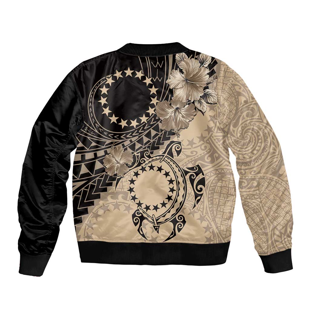 Cook Islands Turtle Sleeve Zip Bomber Jacket Stars and Hibiscus - Beige LT01 - Polynesian Pride