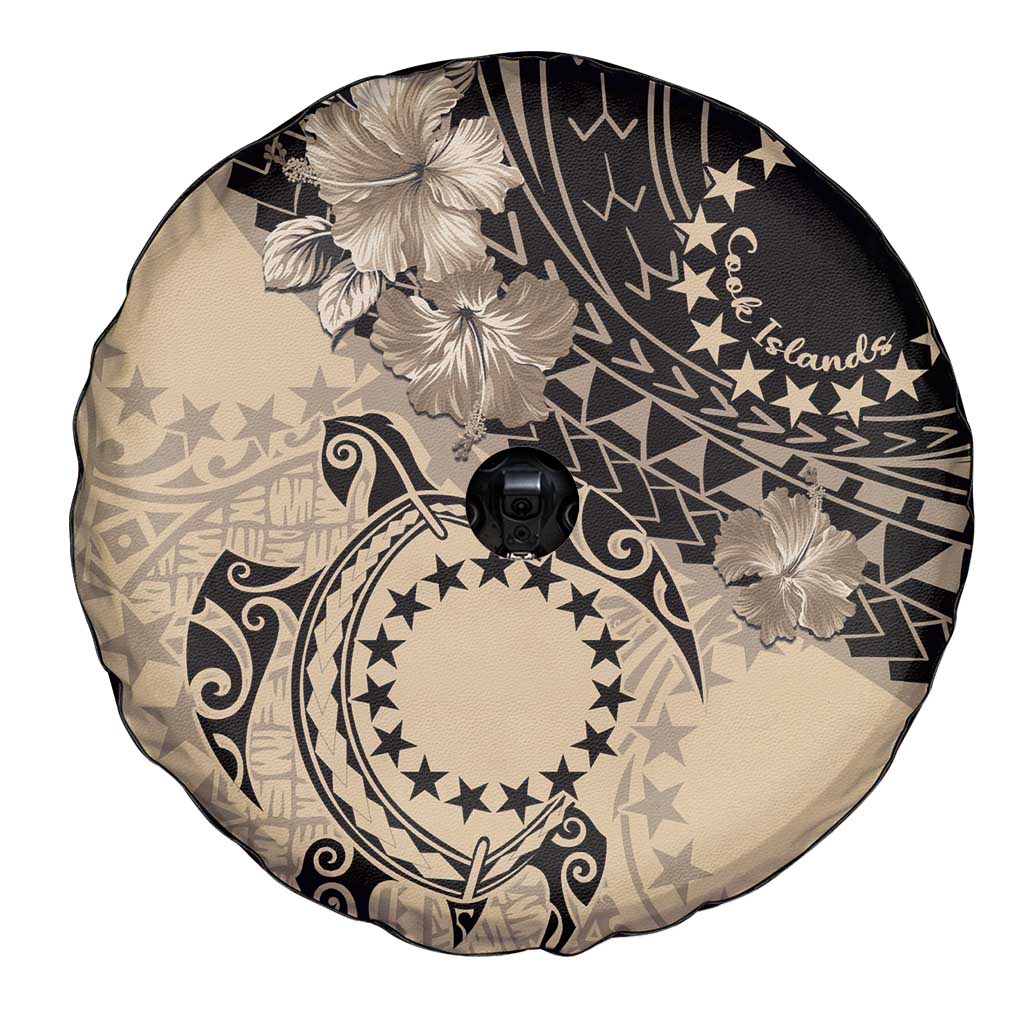 Cook Islands Turtle Spare Tire Cover Stars and Hibiscus - Beige