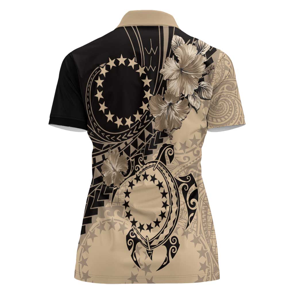Cook Islands Turtle Women Polo Shirt Stars and Hibiscus - Beige