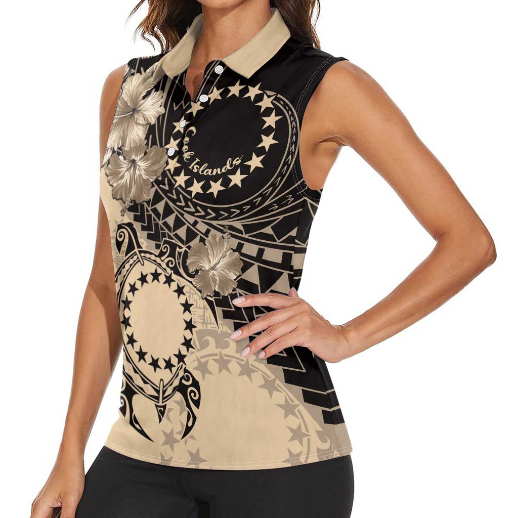 Cook Islands Turtle Women Sleeveless Polo Shirt Stars and Hibiscus - Beige
